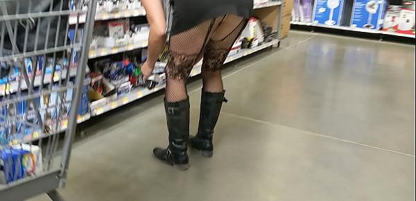  Wife in full body see-through stockings shopping in walmart.
